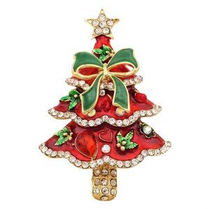 Betsey Johnson Red Enamel Christmas Tree Brooch with Crystals Gold Tone